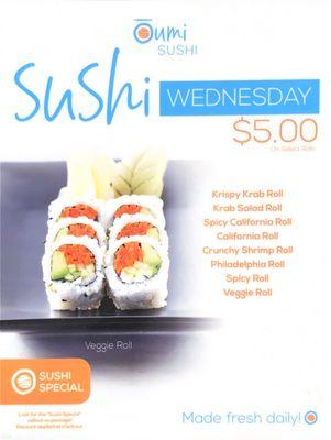 $5 select sushi rolls Wednesday items.