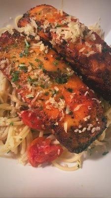 Creamy Garlic Tuscan Blackened Salmon Simmered In White Wine Sauce Over Spaghetti Pasta Inspired By * Olive Garden*