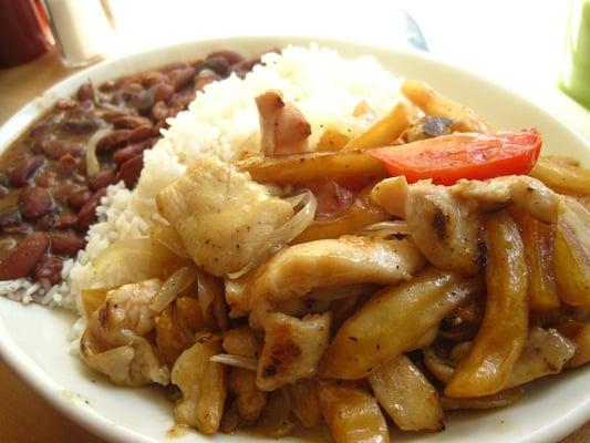 chicken saltado, rice and beans