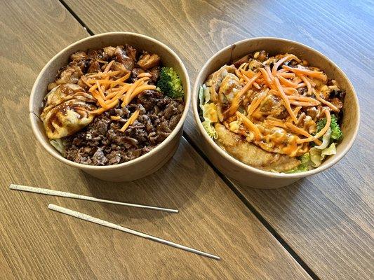 Beef and chicken on the left; dumplings and chicken on the right!