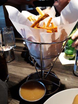 Sweet potato fries and thick maple-based dipping sauce; NOT offered at Buckman's but should be