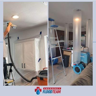 Shaky drywall removal OR using existing can lights to duct air for dryout? Which do you think will causes less repairs? EFT Photo on right.