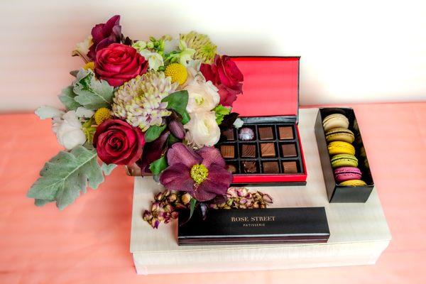 A Valentine's Day Boutique Box, with gorgeous fresh flowers accompanied by sweet treats from our friends at Rose Street Patisserie.