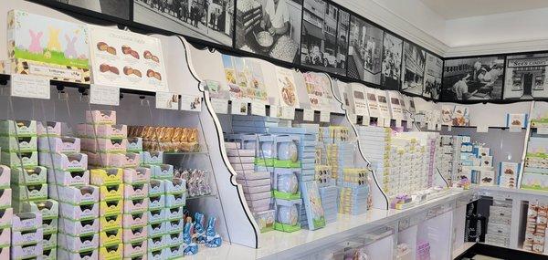 Easter chocolate selections and vintage photos on the wall