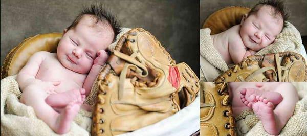 NYC newborn photography.  Catcher's mitt from his grandpa!