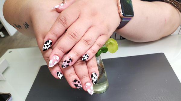 Acrylic Nails with Cow print design clear pink, white black