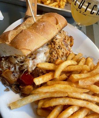 Chicken Bomber. Pulled chicken, peppers, onions, provolone cheese and country sweet. Delish. Fries crunchy and great.