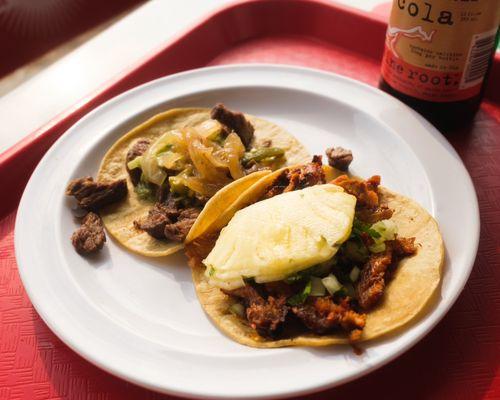 Tacos: Carne Asada, Al Pastor. Mexican Cola.