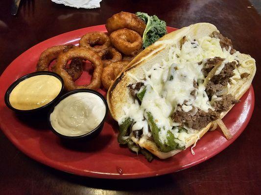 Shave prime rib, with onion ring substitute for French fries.