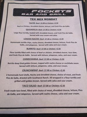 Tex Mex Monday Menu (served Monday's only)