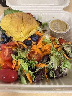 House Made Vegan Sweet Potato ShroomBurger (closed) with balsamic vinaigrette mixed greens