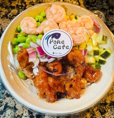 General Tsos' chicken and shrimp poke bowl