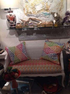 Terrific painted white antique settee with Designer Guild fabric.