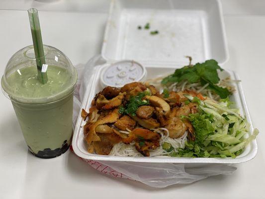 Avocado boba smoothie and chicken/shrimp vermicelli plate.