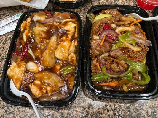 Mongolian beef and chicken and eggplant in garlic sauce