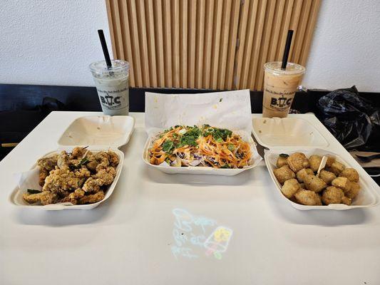 (Left to Right) Chicken Bites, Butterfly Jasmine Milk Tea, Banh Mi French Fries, Earl Gray Milk Tea, Tofu Bites