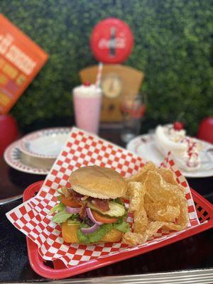 Diner Burger with side of Pork Rinds