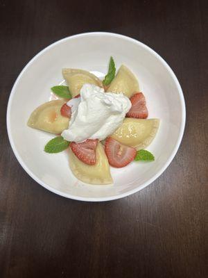 Sweet Cheese Pierogi with macerated strawberries and mint