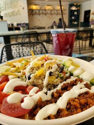 Quinoa taco salad and pomegranate lemonade