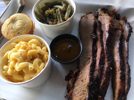 Brisket with 2 sides, and jalapeño corn bread