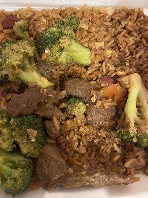 Broccoli and beef with pork fried rice.