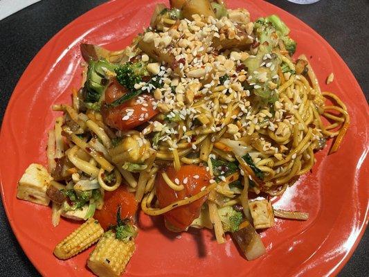 Lots of veggies, noodles, and tofu (vegan)