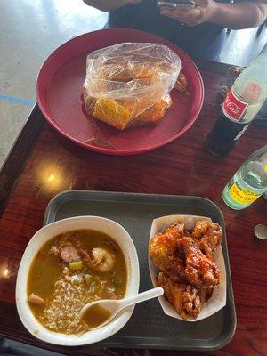 Gumbo, sweet and spicy wings and garlic, spicy, shrimp, potato, and corn so tasty