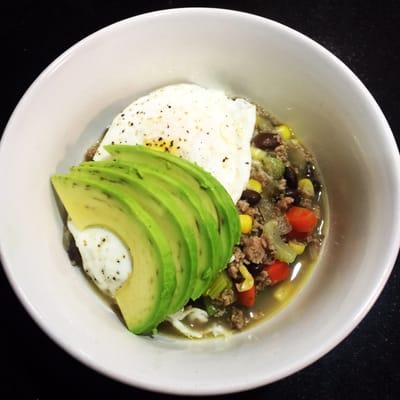 Turkey, black beans, corn, carrots, onion, celery (optional.avocado and/or egg)