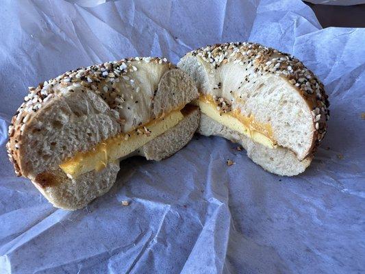 Egg and Cheese on an everything bagel