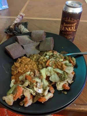 Injera, Vegetarian Platter (beer not from here!)