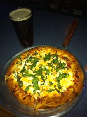 5 cheese pizza with chicken, basil and a Magic Hat Hex draft