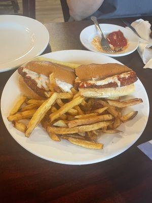 Chicken parm sandwich and fries