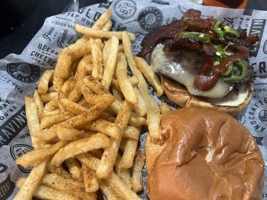 Inferno Burger - truly spicy by Midwest standards!  Toppings: good.  Patty was dry and bland