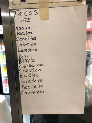 Taco menu