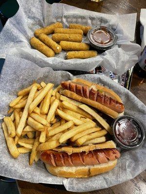 Hot dog dinner and mozzarella sticks