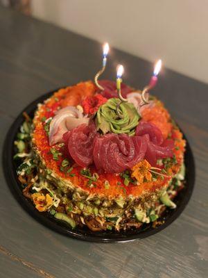 "Sushi Cake" with fresh sashimi (hamachi, salmon, ahi)