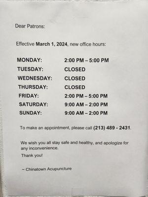 Notice about new Clinic Hours as of March 1, 2024