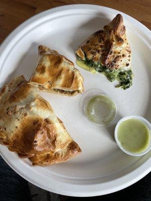 Chicken, beef, and spinach empanadas.