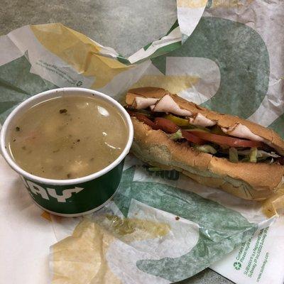 Homemade Chicken noodle soup and 6in turkey sub with bacon lettuce tomato pickles banana peppers and honey mustard - hit the spot$7.74