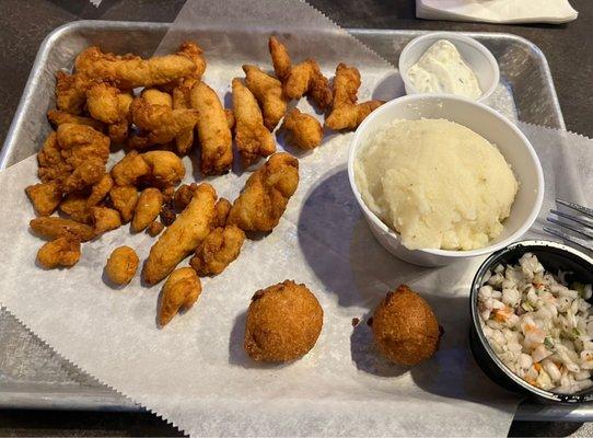 Clam Strips, Hush Puppies, Coleslaw & Garlic Potatoes