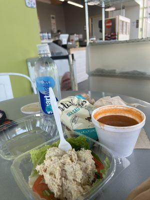 Chicken salad and tomato basil soup