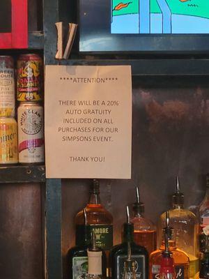 Sign Explaining Autogratuity for Non Service