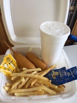 2 corn dogs, fries, 20oz drink. $6.50