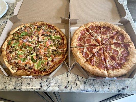 My usual suspects.  Large thin crust Veggie Lover's Pizza & large stuffed crust pepperoni.