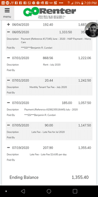 Housing portion that is showing up as unpaid or "lost" and false late fees applied 7/20/20 date is approximate