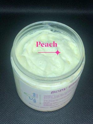 PEACH BODY BUTTER contains butters and herbs to help moisturize dry ashy skin.