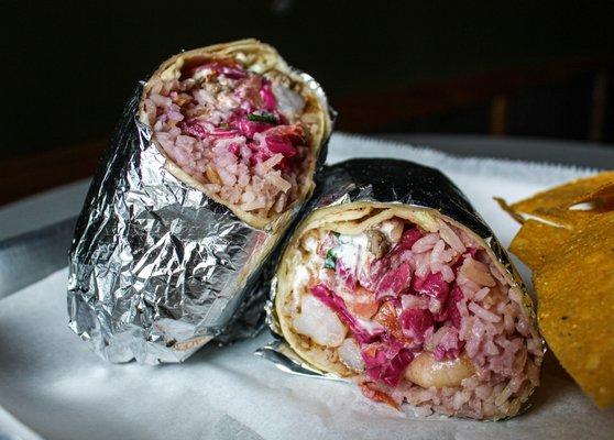 Surf & Turf: flour tortilla or wheat tortilla, rice, steak, shrimp pickled cabbage, pico de gallo and sour cream