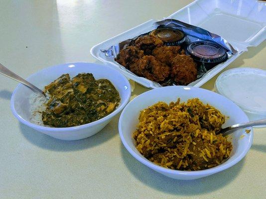 Chicken saag, veggie pakora, and lamb biryani.