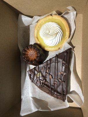 Flourless chocolate, Canele and lemon meringue (all good)