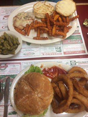 Canadian chicken special with sweet potato fries and cheeseburger with onion rings...yum!